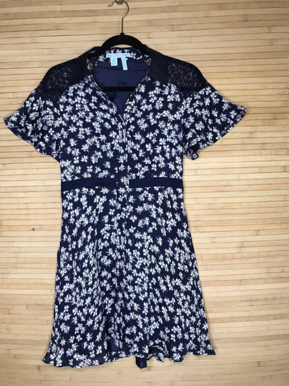 Draper James Cloister Navy Floral Shirt Dress 100% Silk Size 2 Pockets Lined
